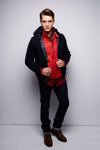 Red and Black Gingham Long Sleeve Shirt Outfits For Men: 