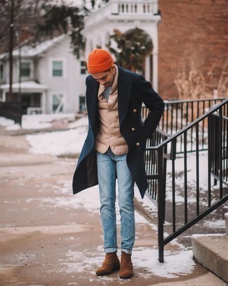 Navy Overcoat Winter Outfits: 