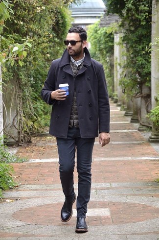 Men's Black Jeans, Grey Check Long Sleeve Shirt, Dark Brown Quilted Gilet, Charcoal Pea Coat