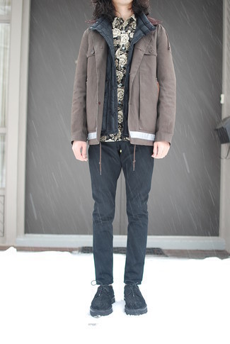 Men's Charcoal Chinos, Black Floral Long Sleeve Shirt, Charcoal Quilted Gilet, Brown Shirt Jacket