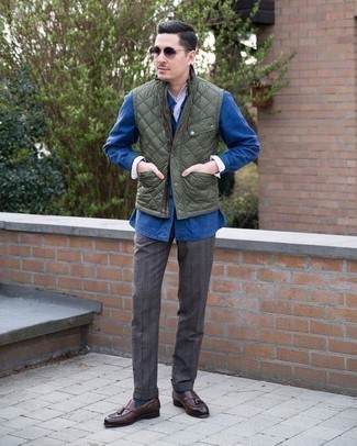 Men's Charcoal Vertical Striped Chinos, White Long Sleeve Shirt, Olive Quilted Gilet, Navy Shirt Jacket