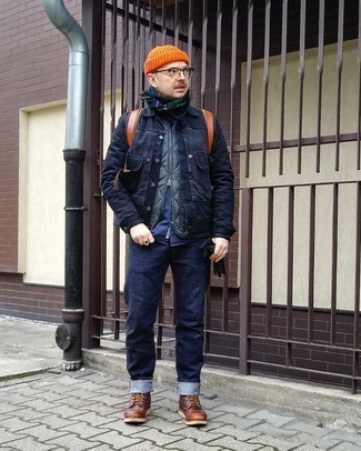 Men's Navy Jeans, Navy Long Sleeve Shirt, Charcoal Quilted Gilet, Navy Shirt Jacket