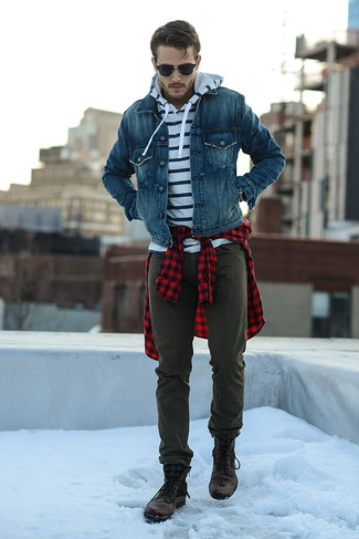 Men's Olive Chinos, Red and Black Gingham Long Sleeve Shirt, White and Navy Horizontal Striped Hoodie, Blue Denim Jacket