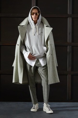 Men's Grey Plaid Chinos, White Long Sleeve Shirt, Grey Hoodie, Grey Overcoat
