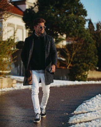 Men's White Jeans, White and Black Vertical Striped Long Sleeve Shirt, Black Hoodie, Charcoal Overcoat