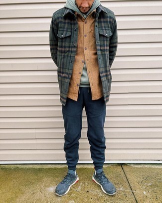 Olive Plaid Flannel Shirt Jacket Outfits For Men: 