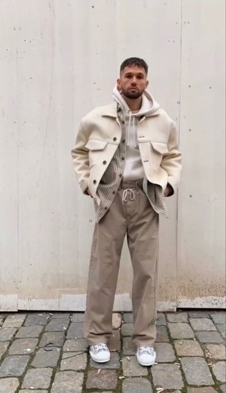 Beige Wool Shirt Jacket Outfits For Men: 