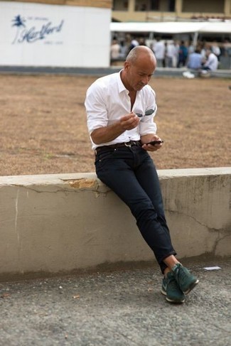 Men's White Long Sleeve Shirt, Navy Jeans, Dark Green Athletic Shoes, Dark Brown Suede Belt