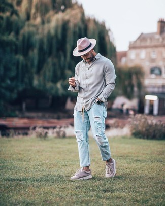 Men's Grey Long Sleeve Shirt, Light Blue Ripped Jeans, Tan Athletic Shoes, Beige Wool Hat