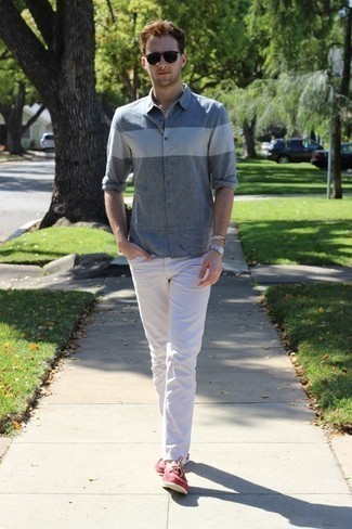 Men's Grey Chambray Long Sleeve Shirt, White Jeans, Red Canvas Boat Shoes, Black Sunglasses