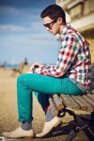 Aquamarine Jeans Outfits For Men: This combo of a multi colored plaid long sleeve shirt and aquamarine jeans combines comfort and dapper menswear style. Beige leather brogues are an easy way to upgrade this ensemble.