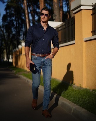 Navy Sunglasses Outfits For Men: To put together a casual look with a modernized spin, dress in a navy long sleeve shirt and navy sunglasses. Get a little creative on the shoe front and polish up this outfit by rounding off with brown leather brogues.