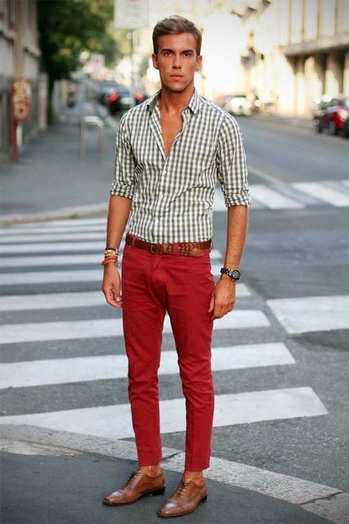 red and tan outfit