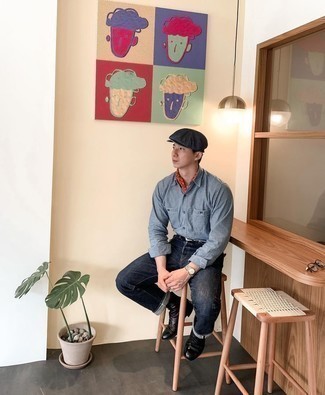 Navy Flat Cap Outfits For Men: If you feel more confident in functional clothes, you'll like this laid-back combo of a light blue chambray long sleeve shirt and a navy flat cap. Complement your ensemble with a pair of black leather casual boots to mix things up a bit.