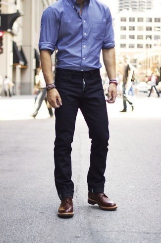 Men's Light Blue Long Sleeve Shirt, Navy Jeans, Burgundy Leather Casual Boots, White and Red and Navy Canvas Watch