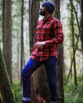 Red Watch Outfits For Men: Marry a red and navy plaid long sleeve shirt with a red watch to feel absolutely confident and look on-trend. Bring a different twist to an otherwise utilitarian look by rocking black leather casual boots.