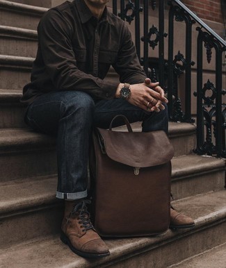 Brown Suede Watch Outfits For Men: This casual combination of a dark brown long sleeve shirt and a brown suede watch is clean, seriously stylish and very easy to imitate. Add a pair of brown leather casual boots to this look to instantly switch up the look.