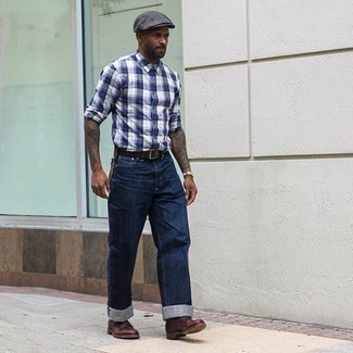 Men's White and Navy Plaid Long Sleeve Shirt, Navy Jeans, Dark Brown Leather Casual Boots, Charcoal Flat Cap