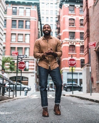 Beige Long Sleeve Shirt Outfits For Men: A beige long sleeve shirt and navy jeans work together harmoniously. Avoid looking too casual by finishing off with a pair of dark brown leather casual boots.