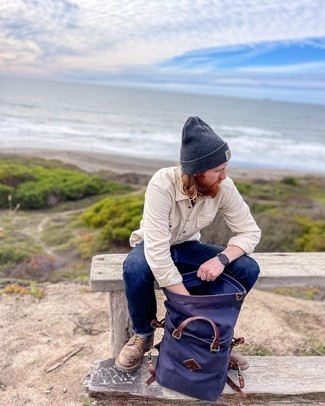 Dark Purple Canvas Backpack Outfits For Men: For a casual outfit, wear a beige long sleeve shirt with a dark purple canvas backpack — these two pieces play beautifully together. Punch up this look with a pair of brown leather casual boots.
