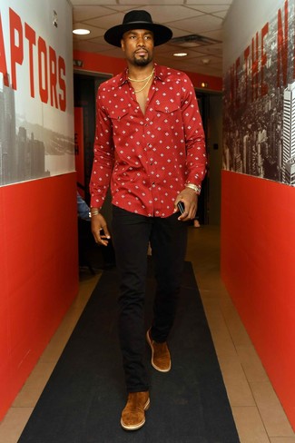 Pascal Siakam wearing Red Print Long Sleeve Shirt, Black Jeans, Brown Suede Chelsea Boots, Black Wool Hat