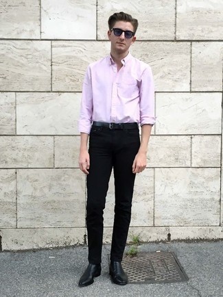 Pink Long Sleeve Shirt Outfits For Men: Consider wearing a pink long sleeve shirt and black jeans and you'll be ready for whatever this day has in store for you. And if you want to easily bump up your ensemble with one single item, complement your ensemble with a pair of black leather chelsea boots.