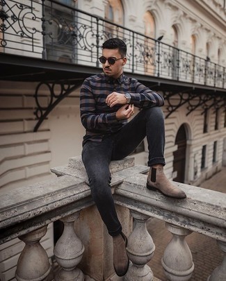 Men's Navy Gingham Long Sleeve Shirt, Charcoal Jeans, Tan Suede Chelsea Boots, Dark Green Sunglasses