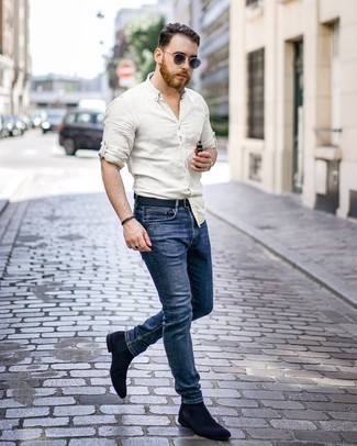 Men's White Long Sleeve Shirt, Navy Jeans, Black Suede Chelsea Boots ...