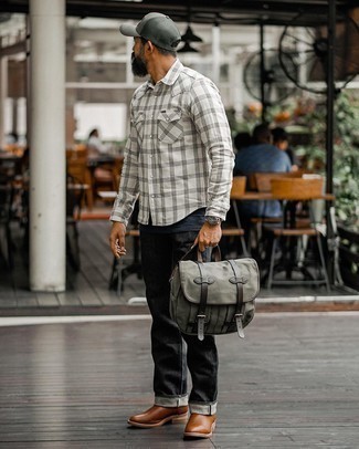 Grey Canvas Messenger Bag Outfits: A white and black plaid long sleeve shirt and a grey canvas messenger bag are a smart look to add to your casual collection. Feeling venturesome today? Spice things up by slipping into a pair of brown leather chelsea boots.