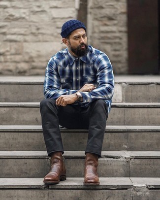 Navy and White Plaid Long Sleeve Shirt Outfits For Men: Pair a navy and white plaid long sleeve shirt with black jeans for both sharp and easy-to-wear ensemble. Finishing off with dark brown leather chelsea boots is the simplest way to introduce a bit of zing to this outfit.
