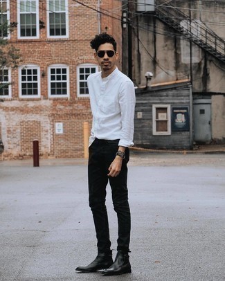 White Linen Long Sleeve Shirt Outfits For Men: If you're on the hunt for a relaxed but also on-trend getup, marry a white linen long sleeve shirt with black jeans. For maximum fashion points, add a pair of black leather chelsea boots to the mix.