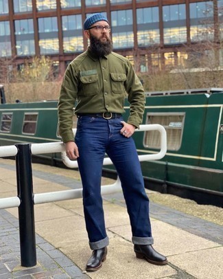 Men's Olive Flannel Long Sleeve Shirt, Navy Jeans, Black Leather Chelsea Boots, Blue Beanie