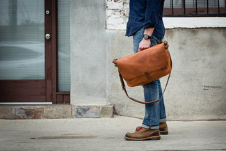 Men's Navy Long Sleeve Shirt, Blue Jeans, Brown Leather Derby Shoes, Brown Leather Messenger Bag