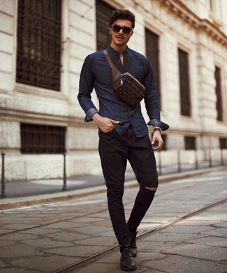 Men's Navy Chambray Long Sleeve Shirt, Black Ripped Jeans, Black Leather Derby Shoes, Dark Brown Leather Fanny Pack