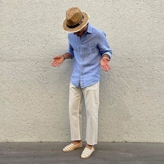Espadrilles Outfits For Men: To assemble a laid-back getup with a modern take, you can rely on a light blue linen long sleeve shirt and beige jeans. Complete this getup with a pair of espadrilles and the whole look will come together.