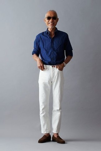 Navy Long Sleeve Shirt Outfits For Men: A navy long sleeve shirt and white jeans are a good combination to add to your off-duty lineup. Not sure how to finish off this outfit? Finish off with dark brown suede loafers to turn up the classy factor.