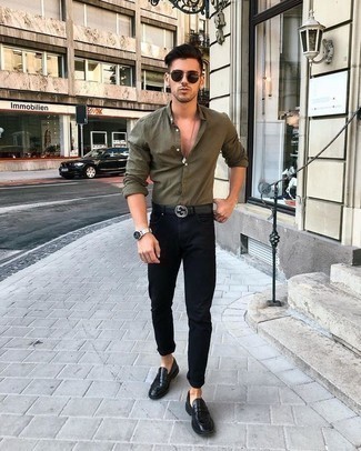 Black Embellished Leather Belt Outfits For Men: For an on-trend menswear style without the need to sacrifice on comfort, we love this combo of an olive long sleeve shirt and a black embellished leather belt. Grab a pair of black leather loafers to avoid looking too casual.