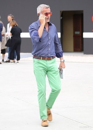 Mint Jeans Outfits For Men: A blue long sleeve shirt and mint jeans make for the perfect foundation for a casual and cool look. If you need to immediately perk up your ensemble with one single piece, why not complement this look with tan suede loafers?
