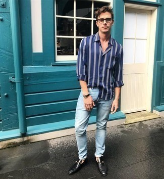Men's Navy and White Vertical Striped Long Sleeve Shirt, Light Blue Jeans, Black Leather Loafers, Clear Sunglasses