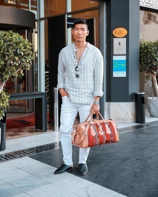 Grey Vertical Striped Long Sleeve Shirt Outfits For Men: Try pairing a grey vertical striped long sleeve shirt with white ripped jeans to effortlessly deal with whatever this day has in store for you. Rev up this whole look with black leather loafers.