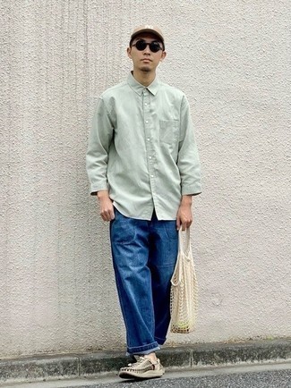 Men's Mint Long Sleeve Shirt, Navy Jeans, Beige Leather Loafers, Beige Canvas Tote Bag