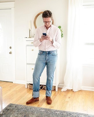 Men's Pink Long Sleeve Shirt, Light Blue Jeans, Brown Suede Loafers, Clear Sunglasses