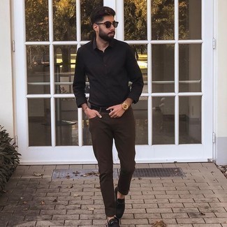 Dark Brown Jeans Outfits For Men: If you feel more confident in functional clothes, you'll appreciate this stylish combination of a black long sleeve shirt and dark brown jeans. Feeling inventive? Shake up your outfit by slipping into dark brown suede loafers.