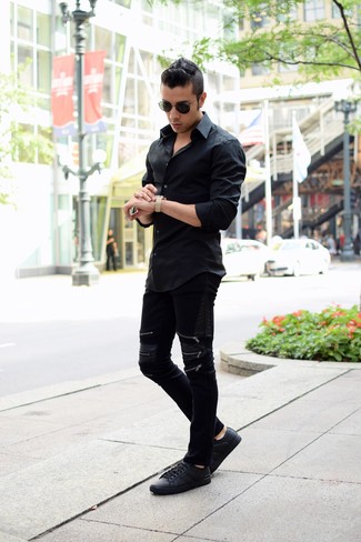 Men's Black Long Sleeve Shirt, Black Leather Jeans, Black Leather Low Top Sneakers, Black Sunglasses
