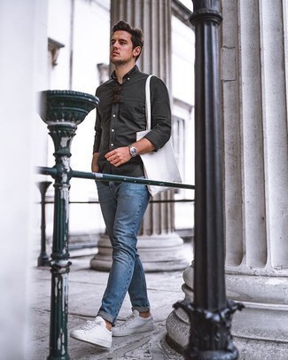 Charcoal Long Sleeve Shirt Outfits For Men: For a look that's very easy but can be styled in a great deal of different ways, consider teaming a charcoal long sleeve shirt with blue jeans. Our favorite of an infinite number of ways to finish this ensemble is a pair of white canvas low top sneakers.