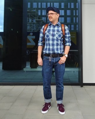 Men's Navy and White Plaid Long Sleeve Shirt, Navy Jeans, Burgundy Leather Low Top Sneakers, Tobacco Leather Backpack