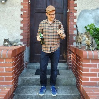 Tan Baseball Cap Outfits For Men: This pairing of a multi colored plaid long sleeve shirt and a tan baseball cap is hard proof that a straightforward off-duty outfit doesn't have to be boring. Inject this outfit with a dose of class by rounding off with navy and white canvas low top sneakers.