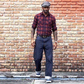 Men's Red and Navy Gingham Long Sleeve Shirt, Navy Jeans, Navy and White Canvas Low Top Sneakers, Grey Flat Cap