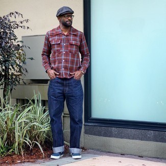 Men's Burgundy Plaid Long Sleeve Shirt, Navy Jeans, Navy and White Canvas Low Top Sneakers, Navy Flat Cap