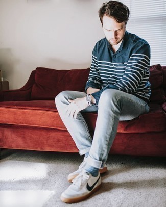 Men's Navy Horizontal Striped Long Sleeve Shirt, Grey Jeans, White and Navy Leather Low Top Sneakers, Navy and White Canvas Watch